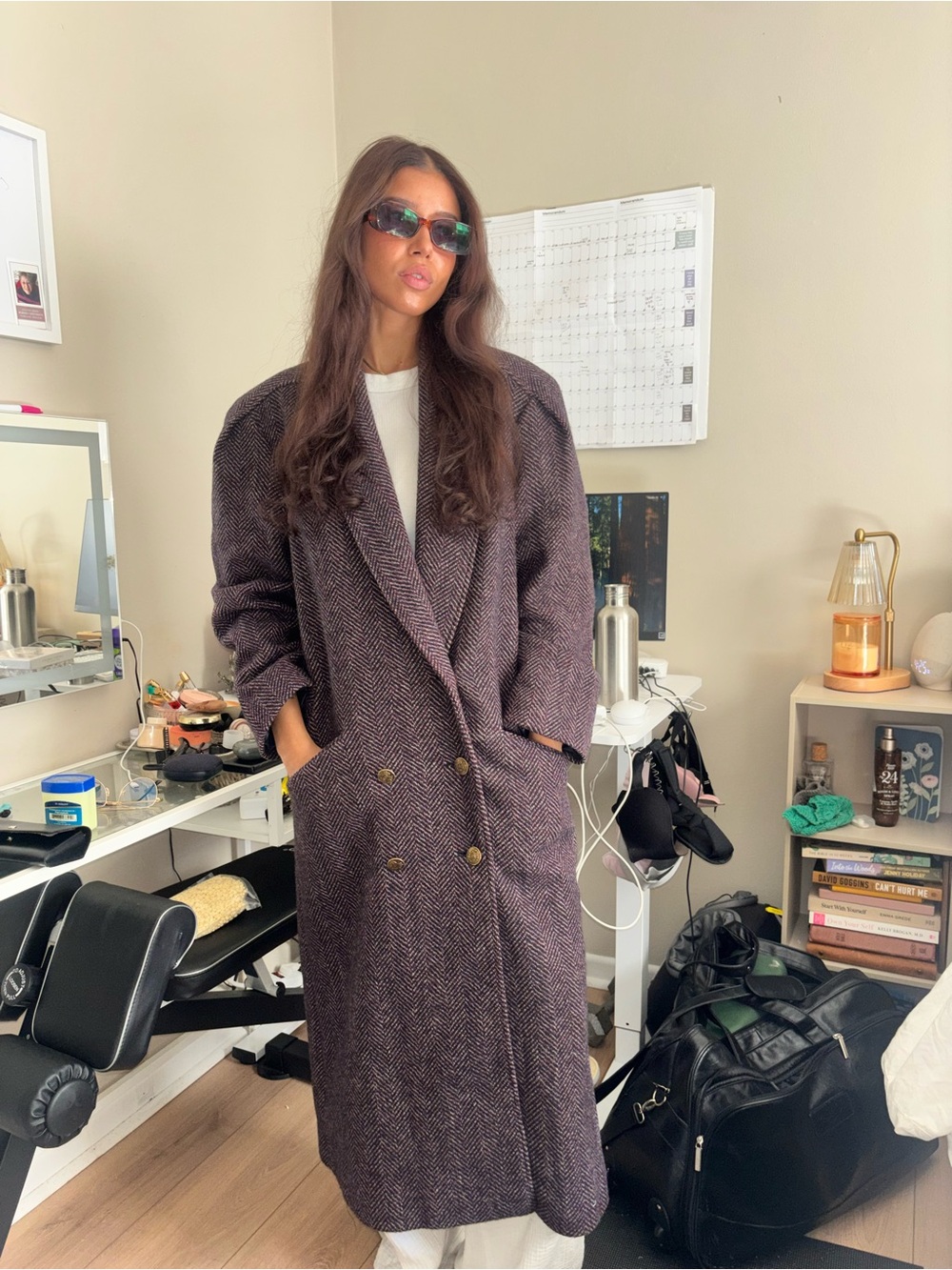 Women’s Tailored Herringbone Wool Long Coat - Dark Plum